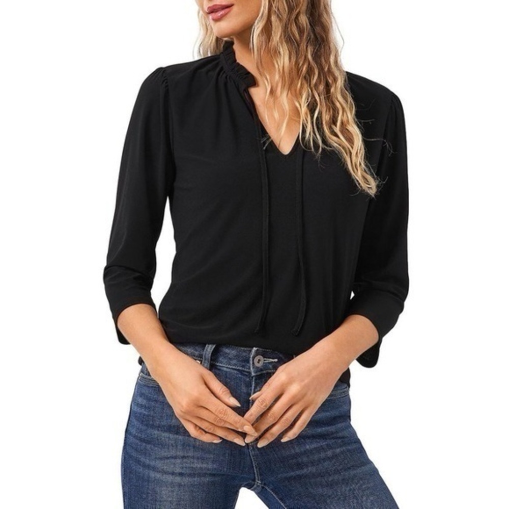 CECE 3/4-Sleeve Tie-Front Ruffle Neck Knit Top in Rich Black Size S